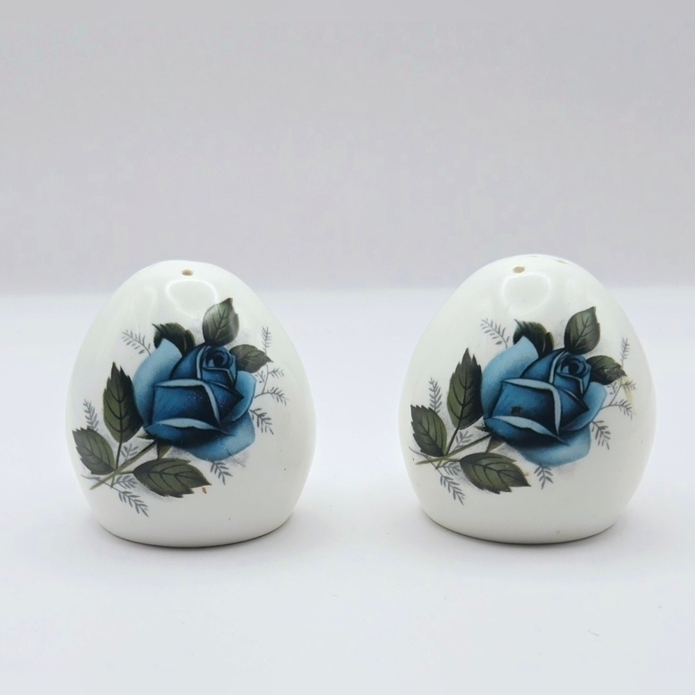 Sanford Fine Bone China Blue Rose Salt Pepper Shakers Vintage England